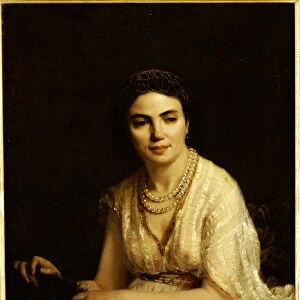 Portrait of a Woman wearing a Pearl Necklace and holding a Fan (oil on canvas)
