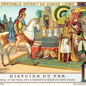 Porus, King of the Pauravas, offering Alexander the Great a bar of steel (chromolitho)