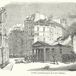 Post office on the Place Maubert on fire during the June Days uprising, Paris, 1848 (engraving)