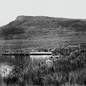 Post at Rorkes Drift with Signal Hill in the distance, 1879 (b / w photo)