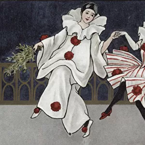 Postcard depicting Pierrot and his companion, c. 1900 (colour litho)