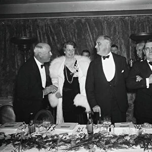 Postmaster General James A. Farley, First Lady Eleanor Roosevelt and U. S. President Franklin Roosevelt at Democratic Victory Dinner, Washington DC, 1937 (b/w photo)