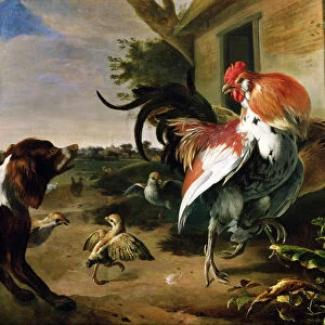 Poultry and Spaniel in a farmyard (oil on canvas)