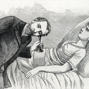 pregnancy: doctor listening to fetal heartbeat (engraving) 1888