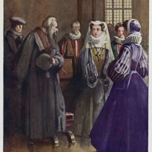 Presbyterian reformer John Knox meeting with Mary, Queen of Scots, 1560s (colour litho)
