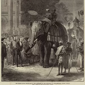 The Prince giving Sugar-Cane to the Elephants at the Rehearsal of the Perahara, Kandy, Ceylon (engraving)