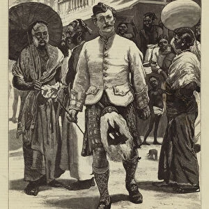 The Prince of Wales in Ceylon, the Princes Highland Piper astonishing the Kandyan Natives (engraving)