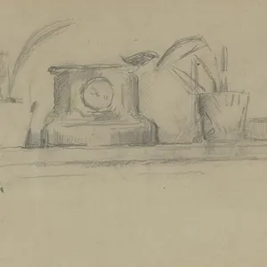 Print of a graphite drawing featuring an elderly man and objects on a mantel Print of a graphite drawing featuring an elderly man and objects on a mantel