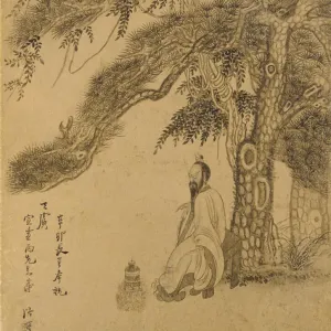 Vorbereitung des Elixirs unter einem Kiefernbaum, Qing-Dynastie, 1651 (Tusche auf Goldpapier).