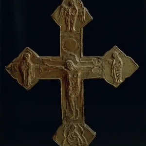 Processional cross in embossed brass leaf, made in Abruzzo Region