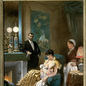 Before the prom A mother in evening dress feeds her baby into the breast before going out