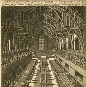 A prospect of the inside of Westminster Hall showing how the King and Queen, with the nobility and others, did sit at dinner on the day of the Coronation (engraving)