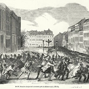 Prussian cavalry attacking crowds of demonstrators near the Royal Palace, Berlin, March 1848 (engraving)