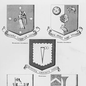 Public arms: Melbourne University; Victoria University; Dunstable; Hillsborough; Durham University (engraving)
