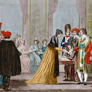 public audience at the time of the Directoire regime in 1795 in France, engraving by Chataignier - "Un audience publique du Directoire (1795-1798)"