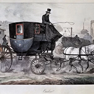 Public transport in the 19th century: a cab in the streets of Paris (coloured engraving)
