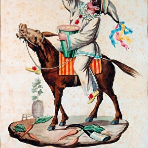 Pulcinella eating maccheroni on a donkey, 19th century (watercolour)