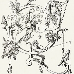 Q - Two allegorical feminine figures - Alphabet by T. de Bry (new artistic alphabet), 1880 (engraving)