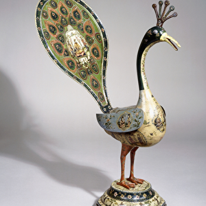 A Qajar peacock painted with flower designs, and pictorial cartouches depicting courtiers