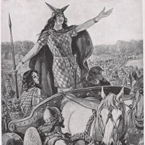 Queen Boudicca inciting the Britons to Revolt, illustration from The Story of the British People, c. 1950 (litho)