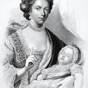 Queen Charlotte, Consort of King George III, with their baby son, the future Prince Regent and King George IV, 1762 (engraving)