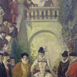 Queen Elizabeth I knighting Sir John Young on the steps of his property, The Great House