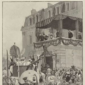 The Queen at Grasse, Battle of Flowers, Cavalcade before the Grand Hotel, Princess Beatrice giving Money (engraving)