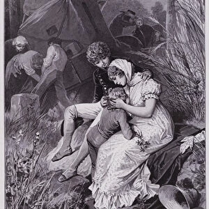 Queen Louise of Prussia making her son Prince William a crown of cornflowers during their flight to Memel to escape Napoleons invading French army, 1806 (engraving)