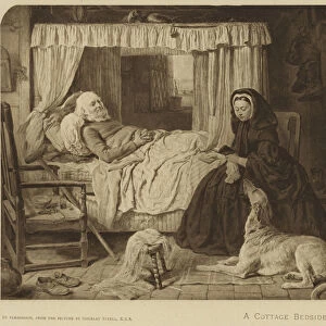 Queen Victoria at a cottage bedside at Osborne (litho)