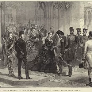 Queen Victoria receiving the Shah of Persia at the Sovereigns Entrance, Windsor Castle, 20 June (engraving)
