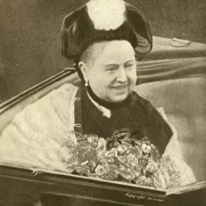 Queen Victoria smiling, having just accepted a bouquet of flowers, Isle of Wight, c. 1887 (b / w photo)