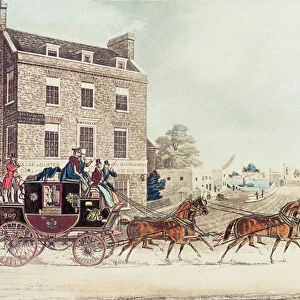 Quicksilver Royal Mail passing the Star and Garter at Kew Bridge, 1835 (engraving)