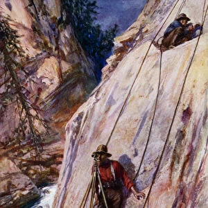 Railway surveyors carrying out precarious work on the route of a mountain railway (colour litho)