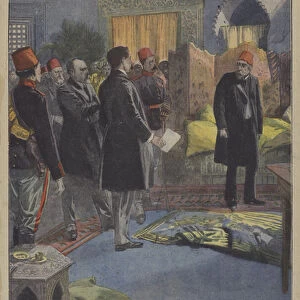Reading of the act of deposition to Sultan Abdul Hamid II at the Yildiz Palace, Constantinople (colour litho)