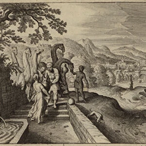 Rebecca giving water to Abrahams servant Eliezer and his camels (engraving)