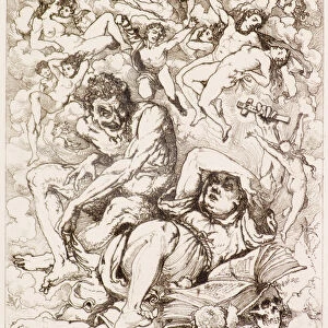 Reclining Figure Holding Cross, the Devil Sitting nearby Surrounded by Floating Figures