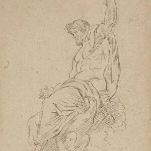 Recto: Seated figure of a man, possibly of Jupiter, on an eagle, reaching up with his left hand, 1801-80 (black chalk on paper)