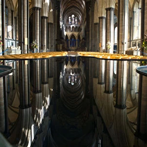 Refleclion in the Salisbury Cathedral Font looking East (photo)