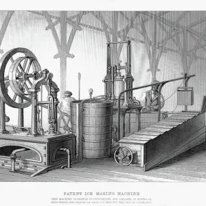 Refrigeration using Ether: Siebe & Harrison's ice making machine, using compression of air followed by its sudden expansion to freeze water Refrigeration using Ether: Siebe & Harrison's ice making machine, using compression of air followed by its sudden expansion to freeze water
