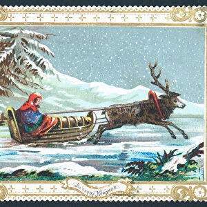 Reindeer pulling sledge, New Year Card (chromolitho)