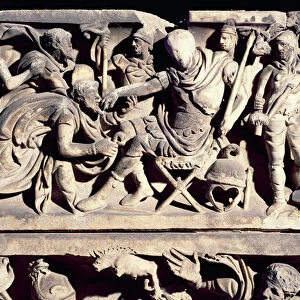 Relief from a sarcophagus depicting the submission of a barbarian to a Roman general