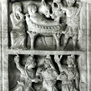 Detail of a relief from the Sarcophagus of the Nativity (stone) (b / w photo)