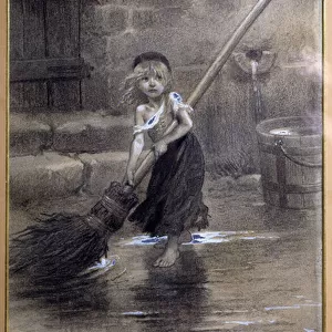 Representation of Cosette, sweeping barefoot. Illustration for "The Miserables"
