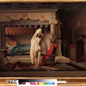 "Representation du roi de Lydie Candaule (ou Caudale)"Le roi montre sa femme nue a son confident Gyges, cache dans l ombre au moment ou elle se deshabille dans la chambre a coucher