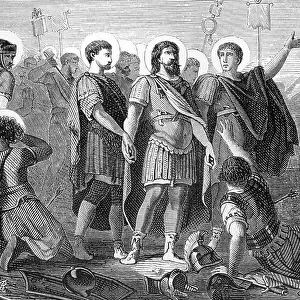 Representation of Saint Maurice of Agaune (died 287) and his companions of the Thebeenne Legion. 19th century (engraving)