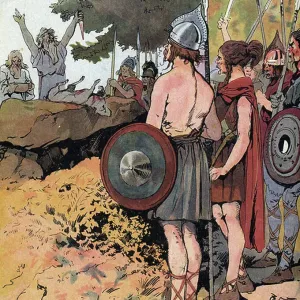 Representation of Vercingetorix (ca. 80-c. 46 BC) warrior and Gallic leader of the Arvernes tribe assistant before his departure for the Gaul War a sacrifice (Portrait of Vercingetorix (82 BC-46 BC) chieftain of the Arverni tribe