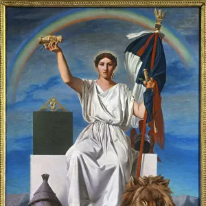 The Republic. Allegory representing the republic as a woman wearing a laurel wreath, symbol of peace, holding the tricolor flag and level, symbol of equality. His feet rest on a lion, symbol of strength lies near a hive