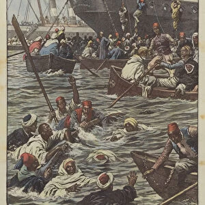Return of the annual pilgrimage from Mecca, a catastrophe in the port of Tunis due to the rush to embark (colour litho)