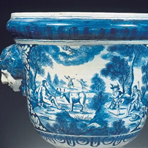 Reverse detail of large Delft blue and white mythological garden urn in the Baroque style
