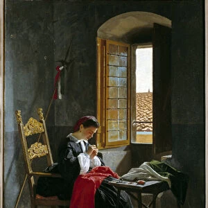 Risorgimento: "woman sewing an Italian flag on 26 / 04 / 1859"
